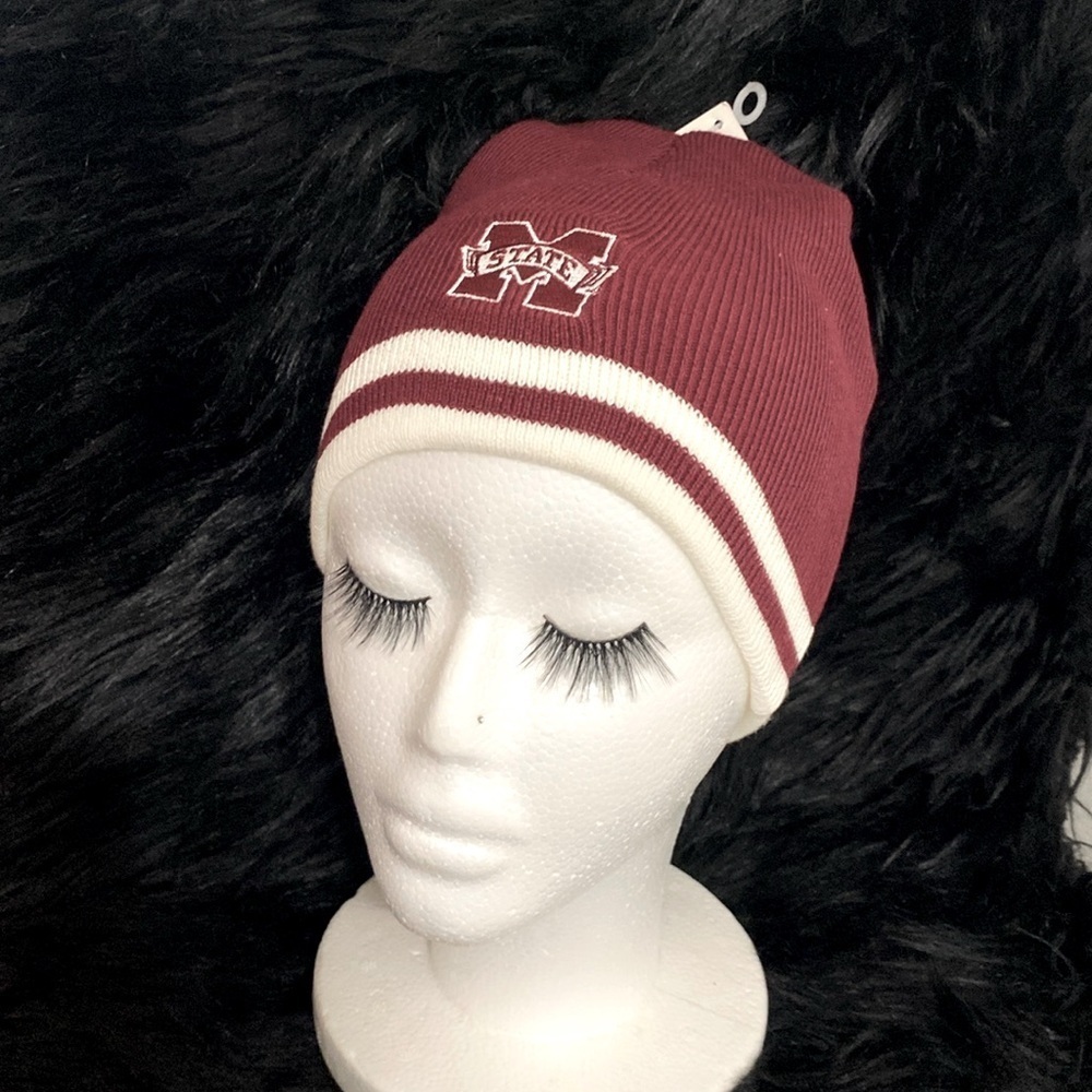 Vintage Mississippi State University M Banner Knit Beanie embroidered maroon
